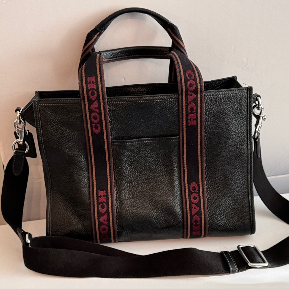 Coach Smith Tote Large Black Leather and Brown Accent straps and shoulder strap